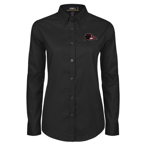 Womens Black Twill Button Down Long Sleeve  - Raven Head
