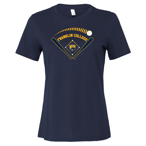 Bella + Canvas Womens Navy Relaxed Cotton T Shirt - Franklin College Baseball Graphic