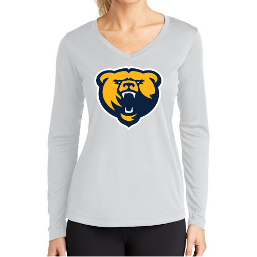  Womens White Performance Long Sleeve V Neck Shirt - Franklin College Primary Mark