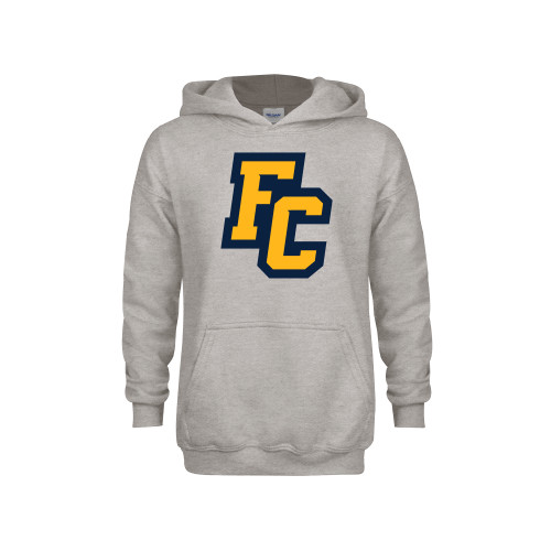  Youth Grey Fleece Hood - Franklin College Primary Mark Wordmark