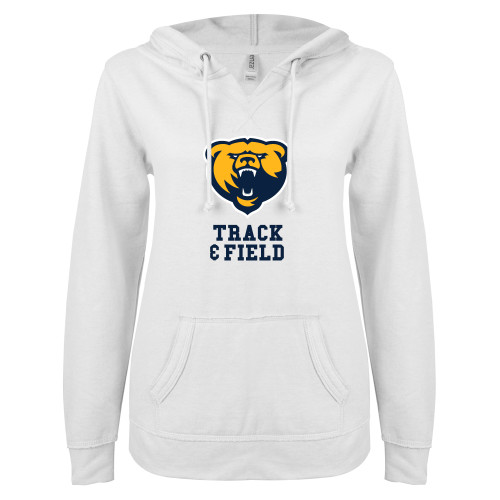  ENZA Womens White V Notch Raw Edge Fleece Hoodie - Franklin College Track and Field