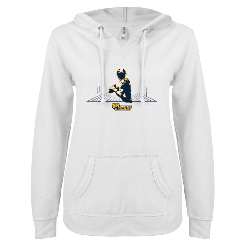  ENZA Womens White V Notch Raw Edge Fleece Hoodie - Franklin College Football Graphic