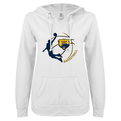  ENZA Womens White V Notch Raw Edge Fleece Hoodie - Franklin College Basketball Graphic