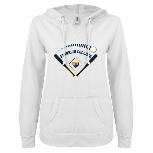  ENZA Womens White V Notch Raw Edge Fleece Hoodie - Franklin College Baseball Graphic