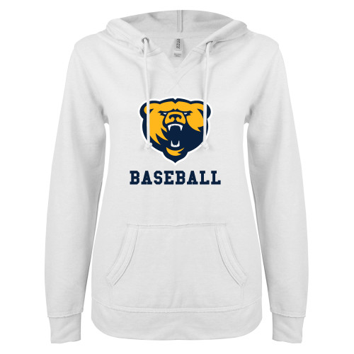  ENZA Womens White V Notch Raw Edge Fleece Hoodie - Franklin College Baseball