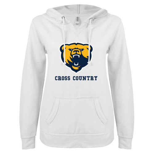  ENZA Womens White V Notch Raw Edge Fleece Hoodie - Franklin College Cross Country
