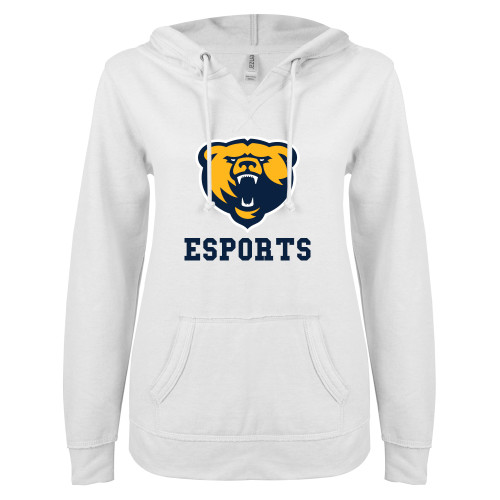  ENZA Womens White V Notch Raw Edge Fleece Hoodie - Franklin College Esports