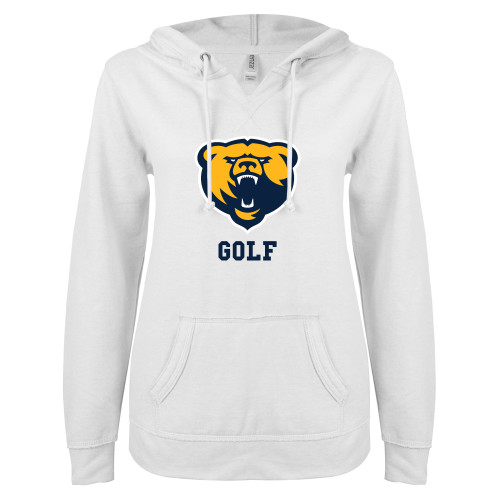  ENZA Womens White V Notch Raw Edge Fleece Hoodie - Franklin College Golf