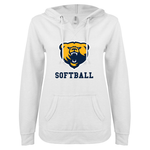  ENZA Womens White V Notch Raw Edge Fleece Hoodie - Franklin College Softball