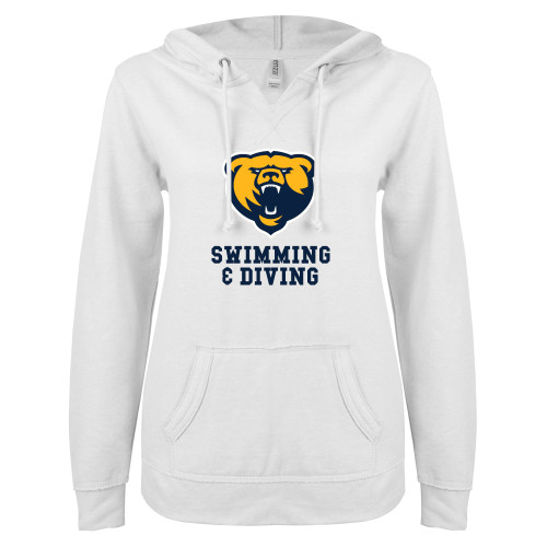  ENZA Womens White V Notch Raw Edge Fleece Hoodie - Franklin College Swim and Dive