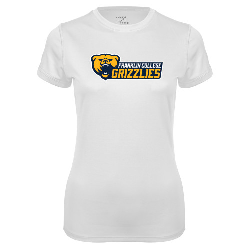  Womens White Performance Tee - Franklin College Primary Wordmark