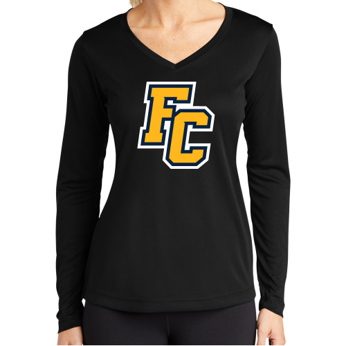 Womens Black Performance Long Sleeve V Neck Shirt - Franklin College Primary Mark Wordmark