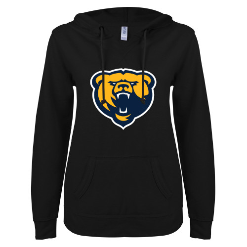  ENZA Womens Black V Notch Raw Edge Fleece Hoodie - Franklin College Primary Mark