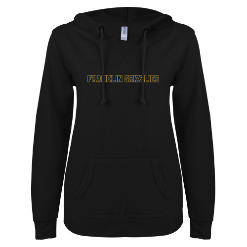  ENZA Womens Black V Notch Raw Edge Fleece Hoodie - Franklin College Franklin Grizzlies