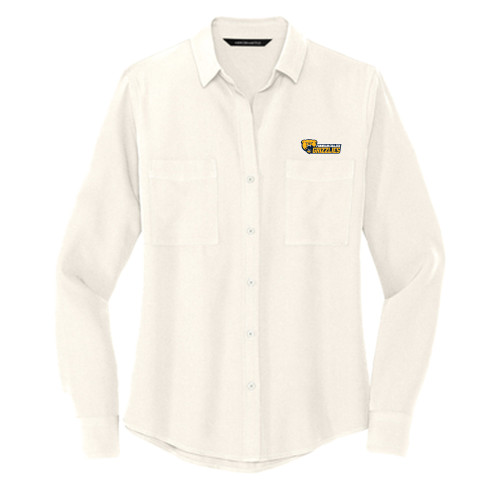  Mercer + Mettle Womens Ivory Crepe Long Sleeve Camp Blouse - Franklin College Primary Wordmark
