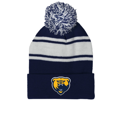  Navy/White Two Tone Knit Pom Beanie w/Cuff - Franklin College Primary Mark