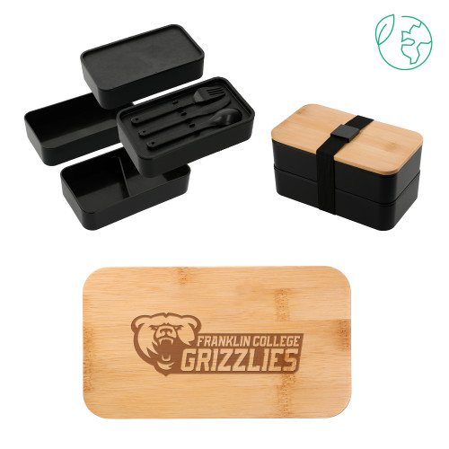  Stackable Bamboo Fiber Black Bento Box - Franklin College Primary Wordmark Engraved