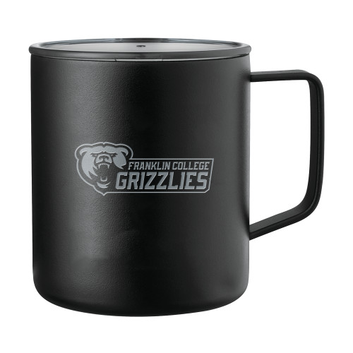  Rover Camp Vacuum Insulated Black Mug 14oz - Franklin College Primary Wordmark Reverse Engraved