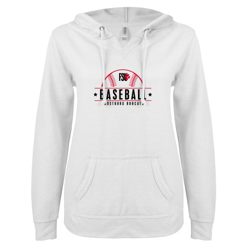  ENZA Womens White V Notch Raw Edge Fleece Hoodie - Frostburg Baseball Half Ball