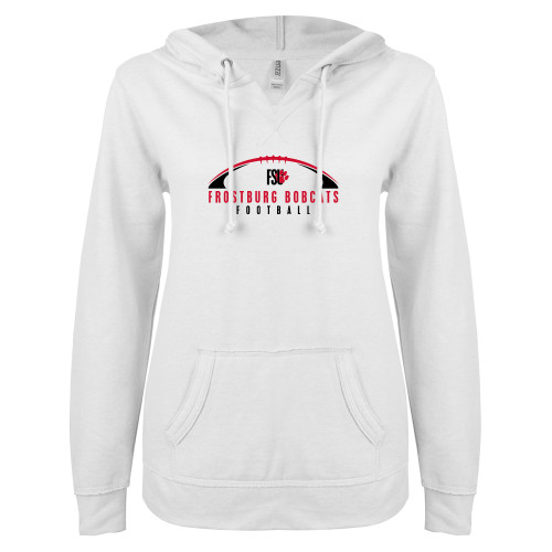 ENZA Womens White V Notch Raw Edge Fleece Hoodie - Frostburg Football Arched Ball