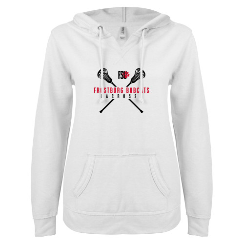  ENZA Womens White V Notch Raw Edge Fleece Hoodie - Frostburg Lacrosse Crossed Sticks