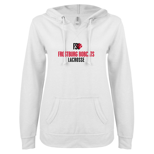  ENZA Womens White V Notch Raw Edge Fleece Hoodie - Frostburg Bobcats Lacrosse