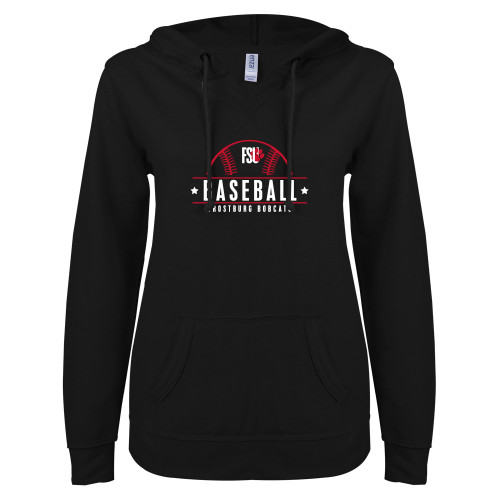  ENZA Womens Black V Notch Raw Edge Fleece Hoodie - Frostburg Baseball Half Ball