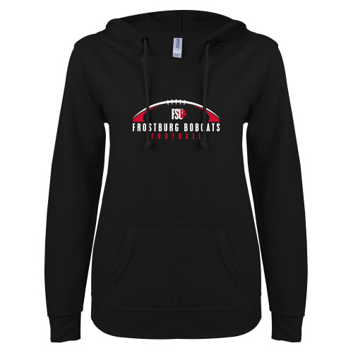  ENZA Womens Black V Notch Raw Edge Fleece Hoodie - Frostburg Football Arched Ball