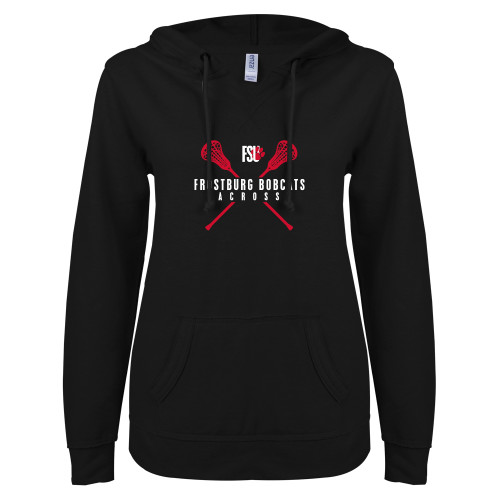  ENZA Womens Black V Notch Raw Edge Fleece Hoodie - Frostburg Lacrosse Crossed Sticks