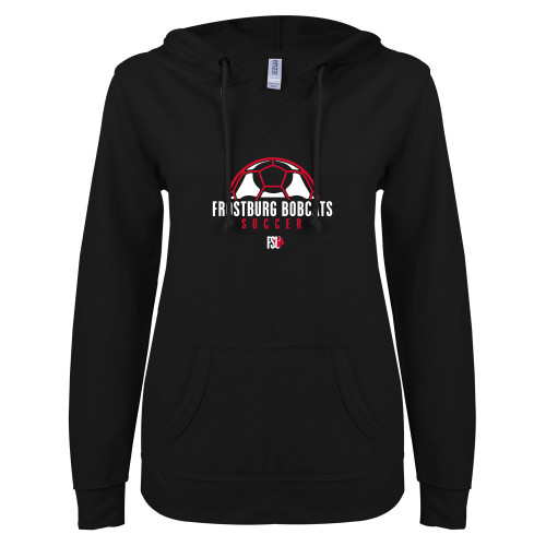 ENZA Womens Black V Notch Raw Edge Fleece Hoodie - Frostburg Soccer Half Ball