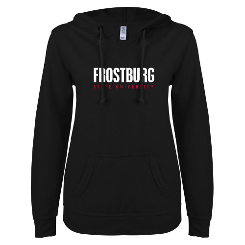  ENZA Womens Black V Notch Raw Edge Fleece Hoodie - Frostburg State University
