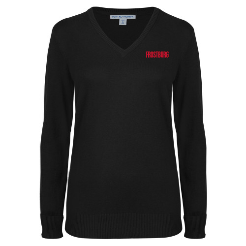  Womens Black VNeck Sweater - Frostburg Wordmark