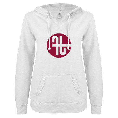  ENZA Womens White V Notch Raw Edge Fleece Hoodie - Identity Mark