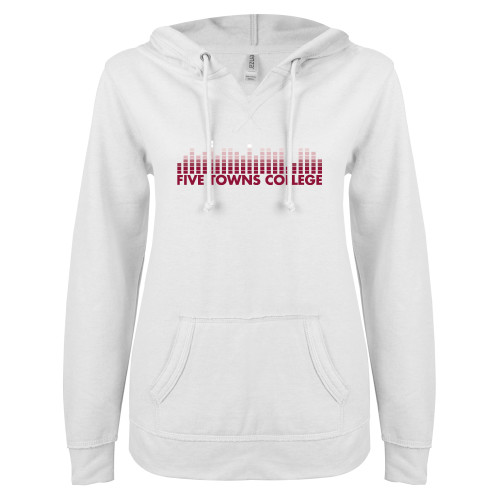  ENZA Womens White V Notch Raw Edge Fleece Hoodie - Five Towns College Bars
