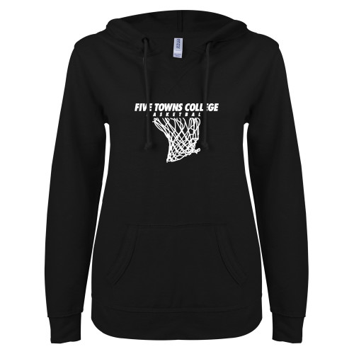  ENZA Womens Black V Notch Raw Edge Fleece Hoodie - Basketball