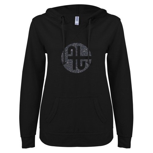  ENZA Womens Black V Notch Raw Edge Fleece Hoodie - Primary Mark Graphite Soft Glitter