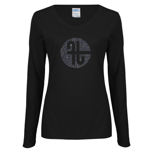  Womens Black Long Sleeve V Neck Tee  - Primary Mark Graphite Soft Glitter
