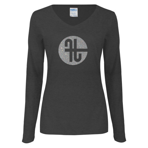  Womens Dark Heather Long Sleeve V Neck Tee  - Primary Mark Silver Soft Glitter