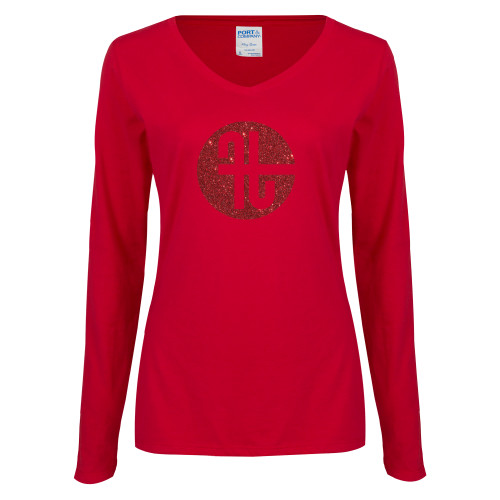  Womens Cardinal Long Sleeve V Neck Tee  - Primary Mark Red Glitter