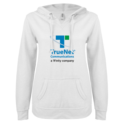 ENZA Womens White V Notch Raw Edge Fleece Hoodie-TrueNet Communications Stacked