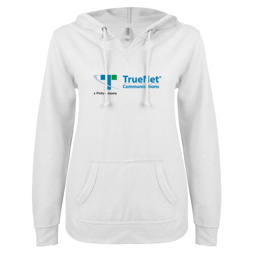ENZA Womens White V Notch Raw Edge Fleece Hoodie-TrueNet Communications Flat