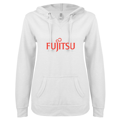 ENZA Womens White V Notch Raw Edge Fleece Hoodie-Fujitsu
