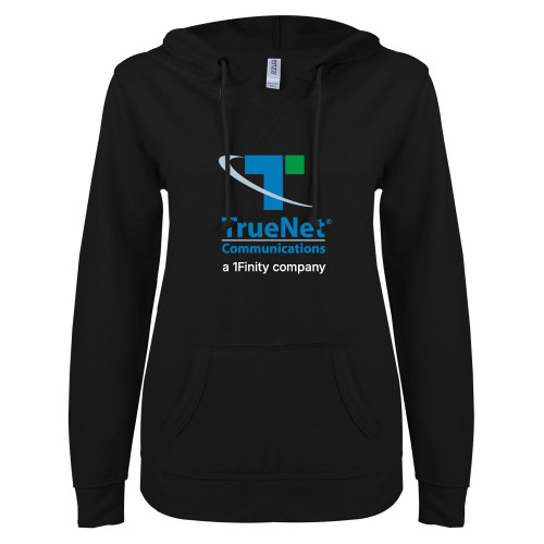 ENZA Womens Black V Notch Raw Edge Fleece Hoodie-TrueNet Communications Stacked