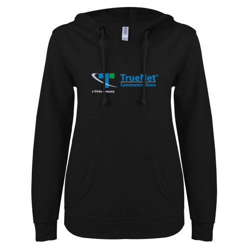 ENZA Womens Black V Notch Raw Edge Fleece Hoodie-TrueNet Communications Flat