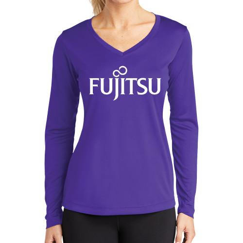 Womens Purple Performance Long Sleeve V Neck Shirt-Fujitsu