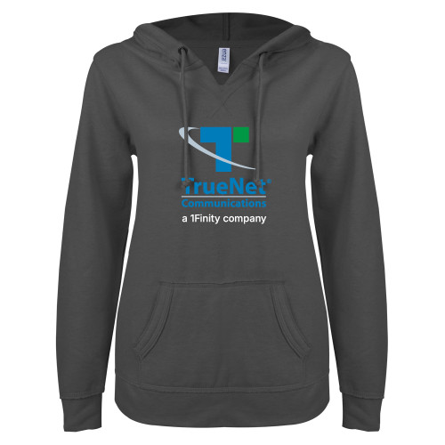 ENZA Womens Dark Heather V Notch Raw Edge Fleece Hoodie-TrueNet Communications Stacked