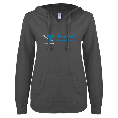 ENZA Womens Dark Heather V Notch Raw Edge Fleece Hoodie-TrueNet Communications Flat