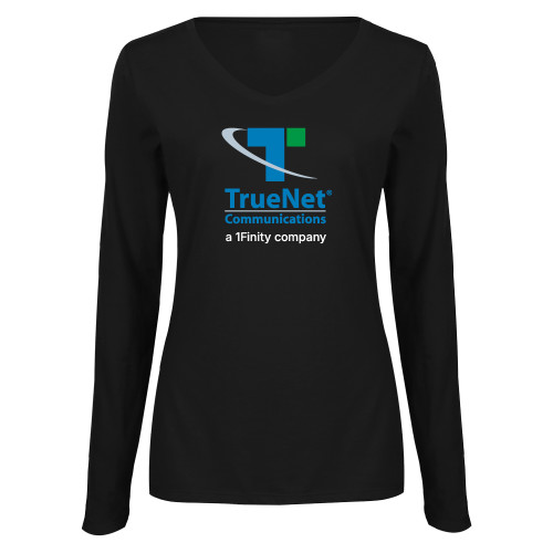Womens Black Long Sleeve V Neck Tee -TrueNet Communications Stacked