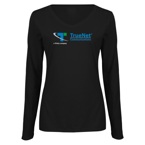Womens Black Long Sleeve V Neck Tee -TrueNet Communications Flat