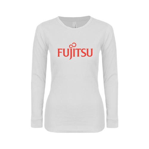 Womens White Long Sleeve V Neck Tee-Fujitsu
